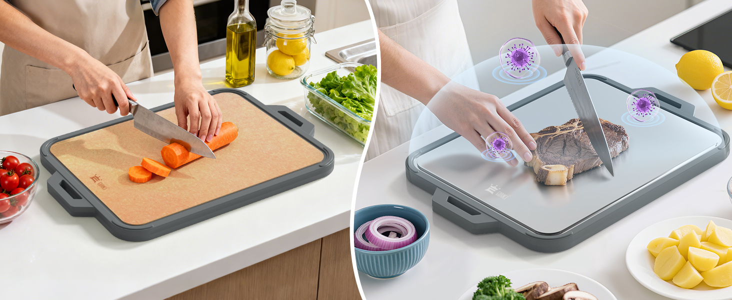 Titanium Cutting Board for Kitchen, Double Sided Pure Titanium and Wood Fiber Cutting Board with Juice Groove, Food Grade Material, for Chopping Meat/Vegetables/Fruit Dishwasher Safe 16"×11"