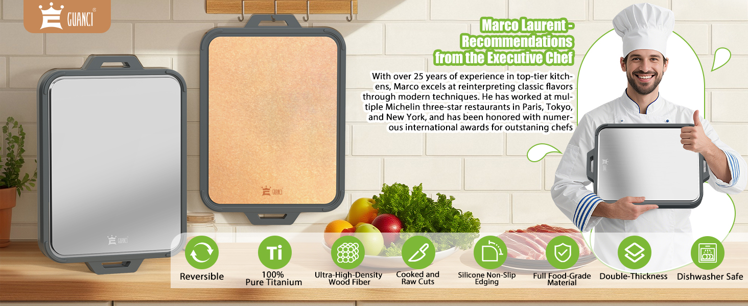 Titanium Cutting Board for Kitchen, Double Sided Pure Titanium and Wood Fiber Cutting Board with Juice Groove, Food Grade Material, for Chopping Meat/Vegetables/Fruit Dishwasher Safe 16"×11"