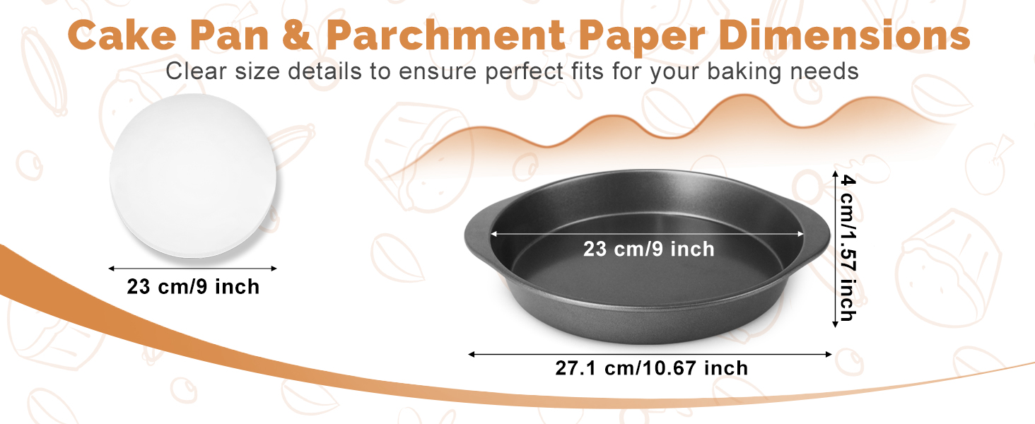 BEWOS 9 Inch Cake Pan Set - 100 Pcs Parchment Paper With 3 Pcs Carbon Steel Round Cake Pans, Nonstick Baking Pans Set With Handle, Dishwasher Safe