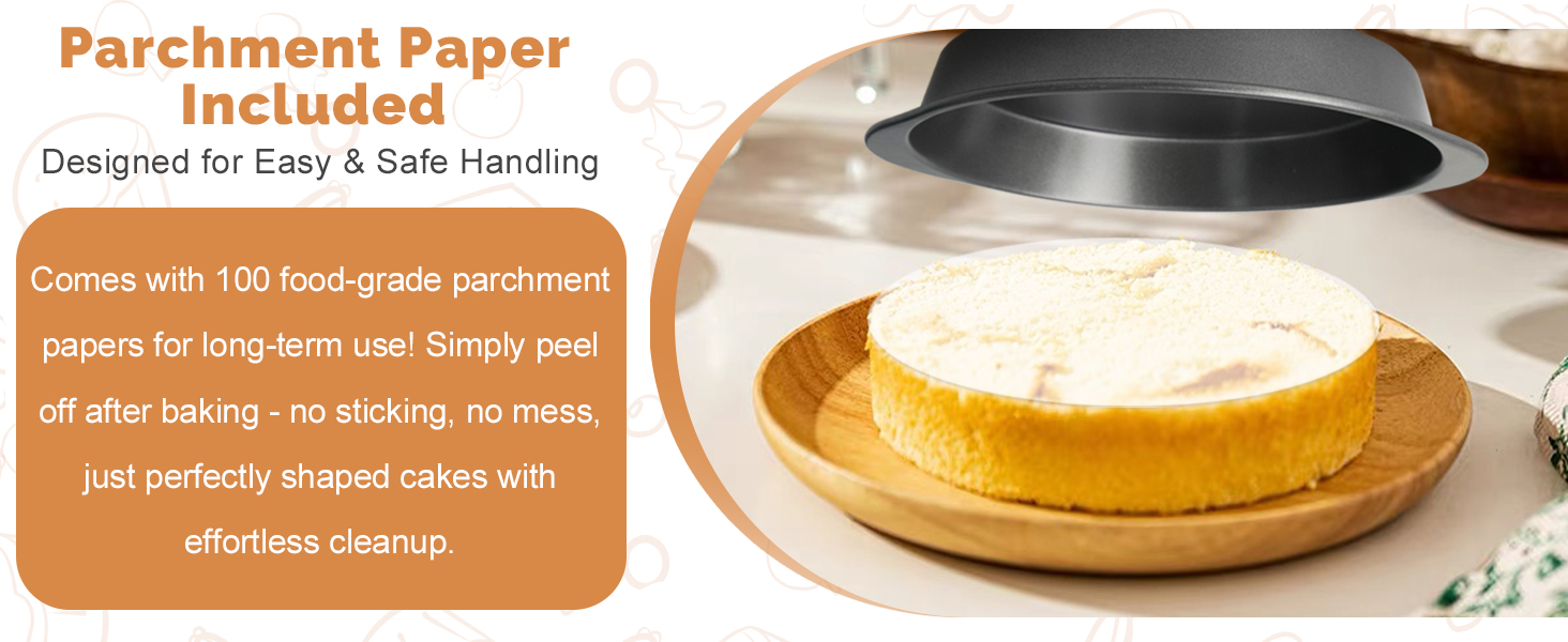 BEWOS 9 Inch Cake Pan Set - 100 Pcs Parchment Paper With 3 Pcs Carbon Steel Round Cake Pans, Nonstick Baking Pans Set With Handle, Dishwasher Safe