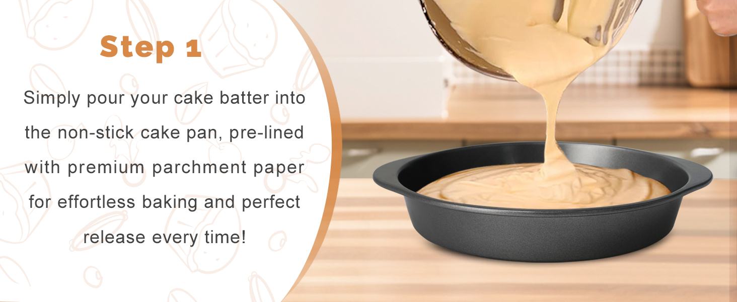 BEWOS 9 Inch Cake Pan Set - 100 Pcs Parchment Paper With 3 Pcs Carbon Steel Round Cake Pans, Nonstick Baking Pans Set With Handle, Dishwasher Safe