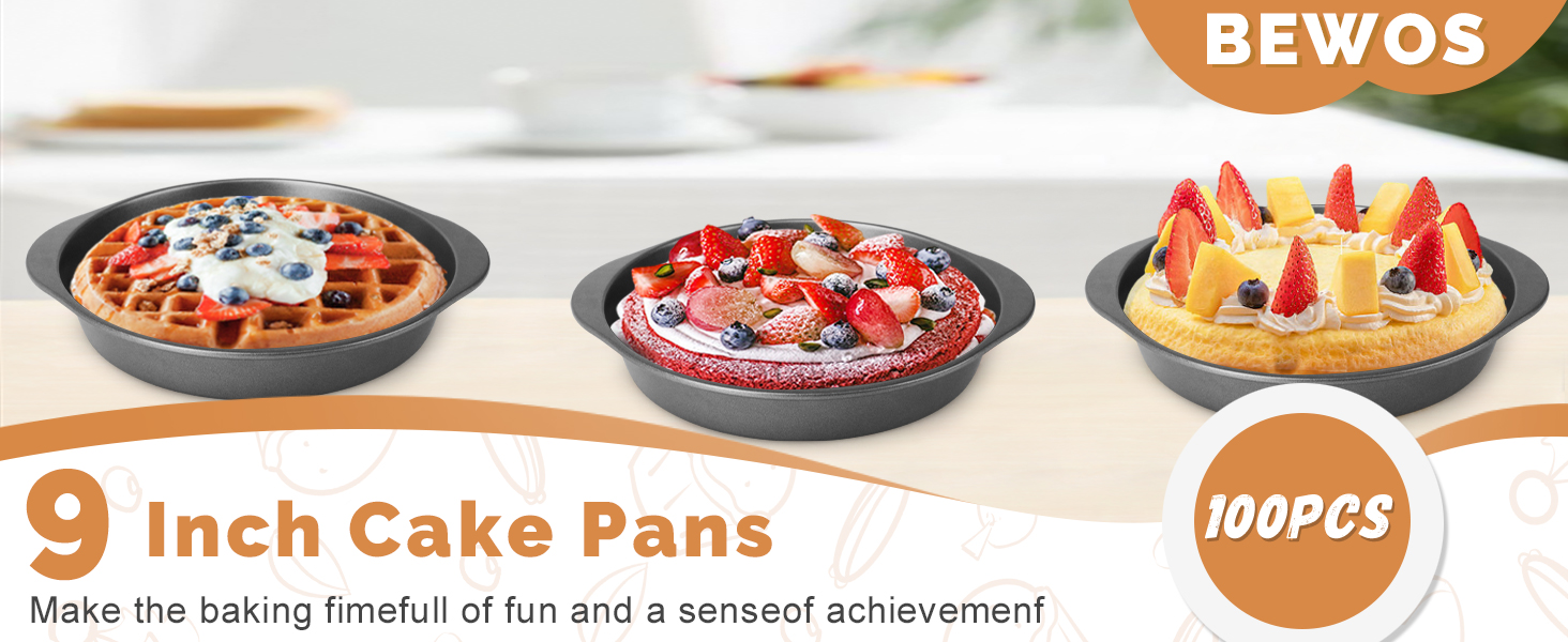 BEWOS 9 Inch Cake Pan Set - 100 Pcs Parchment Paper With 3 Pcs Carbon Steel Round Cake Pans, Nonstick Baking Pans Set With Handle, Dishwasher Safe