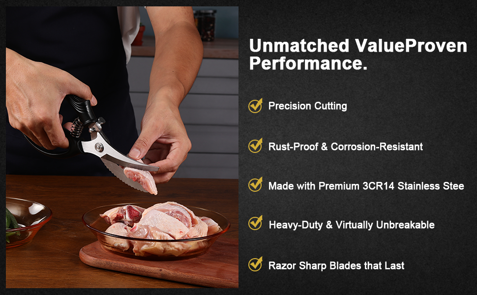 Poultry Shears, Kitchen Shears with Spring Loaded, Heavy Duty Poultry Scissors for Meat, Chicken,Turkey, Anti-Slip Handle,Safety Lock,Dishwasher Safe