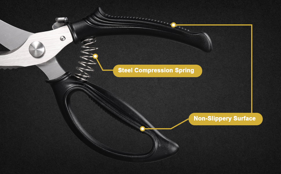 Poultry Shears, Kitchen Shears with Spring Loaded, Heavy Duty Poultry Scissors for Meat, Chicken,Turkey, Anti-Slip Handle,Safety Lock,Dishwasher Safe