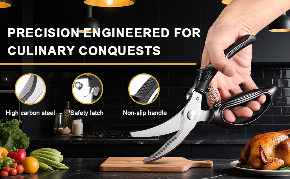 Poultry Shears, Kitchen Shears with Spring Loaded, Heavy Duty Poultry Scissors for Meat, Chicken,Turkey, Anti-Slip Handle,Safety Lock,Dishwasher Safe