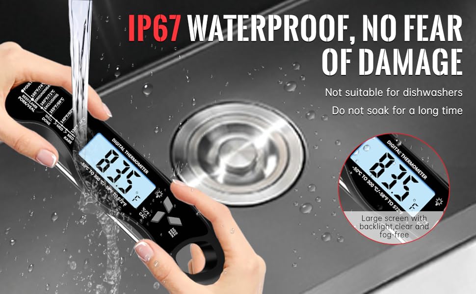 Meat Thermometer, IP67 Waterproof Digital Meat Thermometer with Backlight, Hold Function & Magnet for Grill, BBQ, Candy, Beef,Turkey