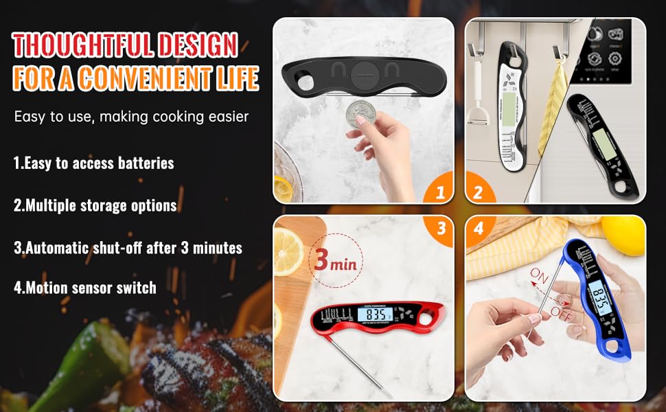 Meat Thermometer, IP67 Waterproof Digital Meat Thermometer with Backlight, Hold Function & Magnet for Grill, BBQ, Candy, Beef,Turkey