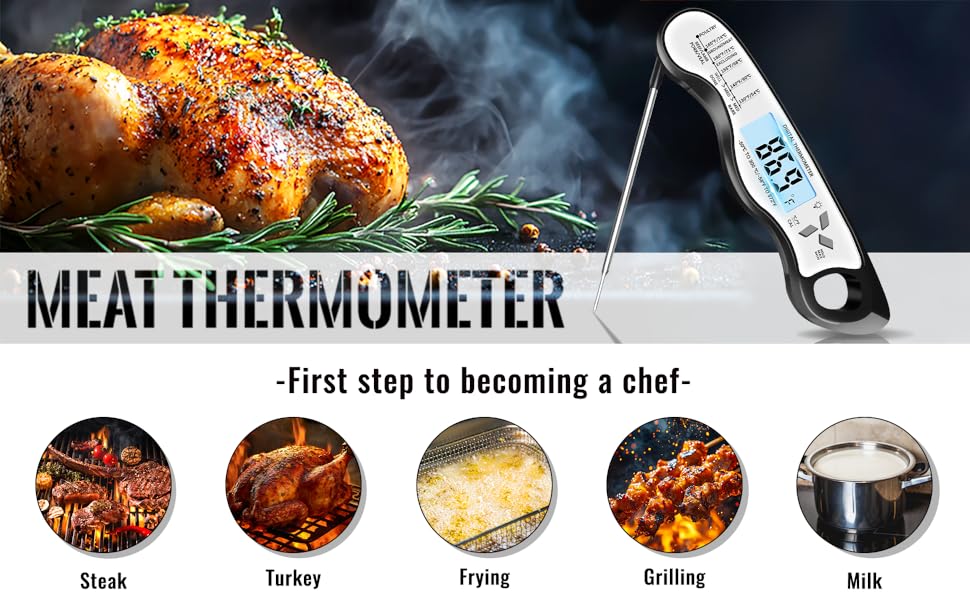 Meat Thermometer, IP67 Waterproof Digital Meat Thermometer with Backlight, Hold Function & Magnet for Grill, BBQ, Candy, Beef,Turkey