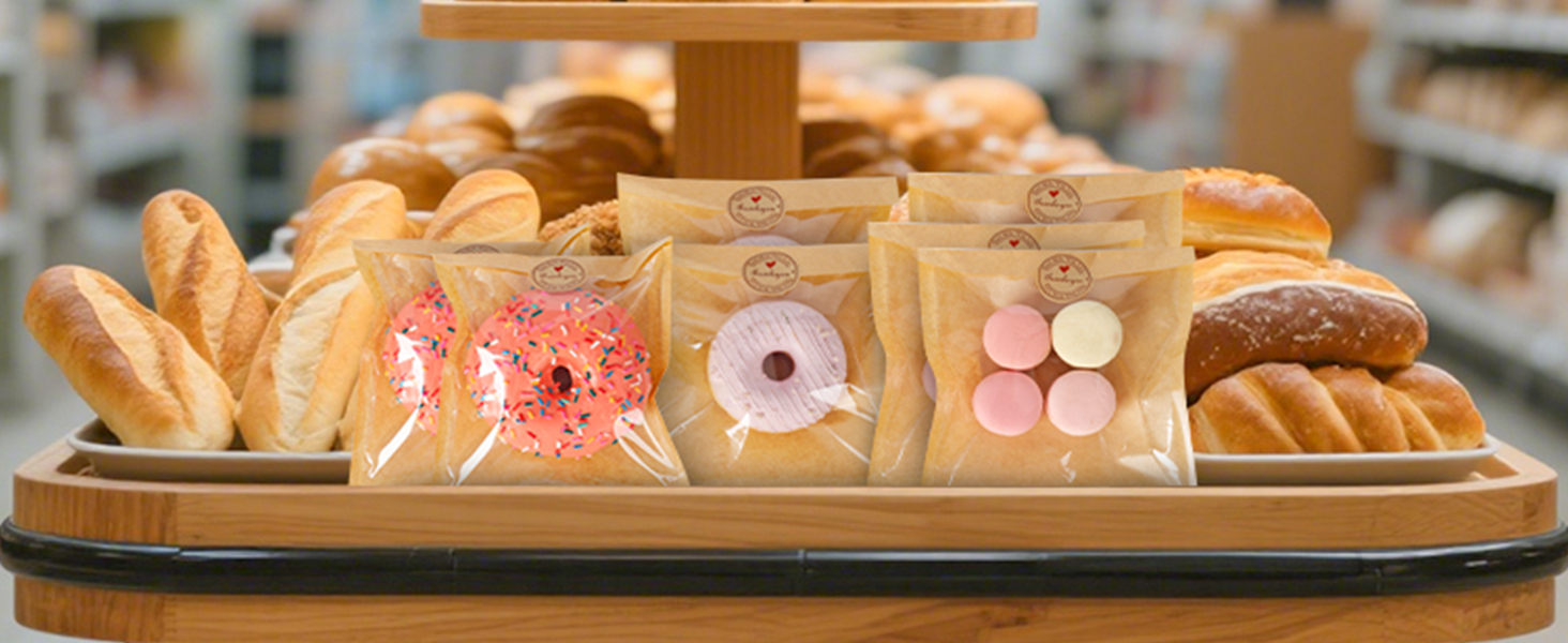 SUREHOME Cookie Bags Small Brown Paper Bags with Window 100 Pcs Thank You Stickers 5.7 x 6.5 Inch Individual Heat Sealable Kraft Bakery Bags for Gift Giving, Treats, Snacks, Baked Goods Packaging