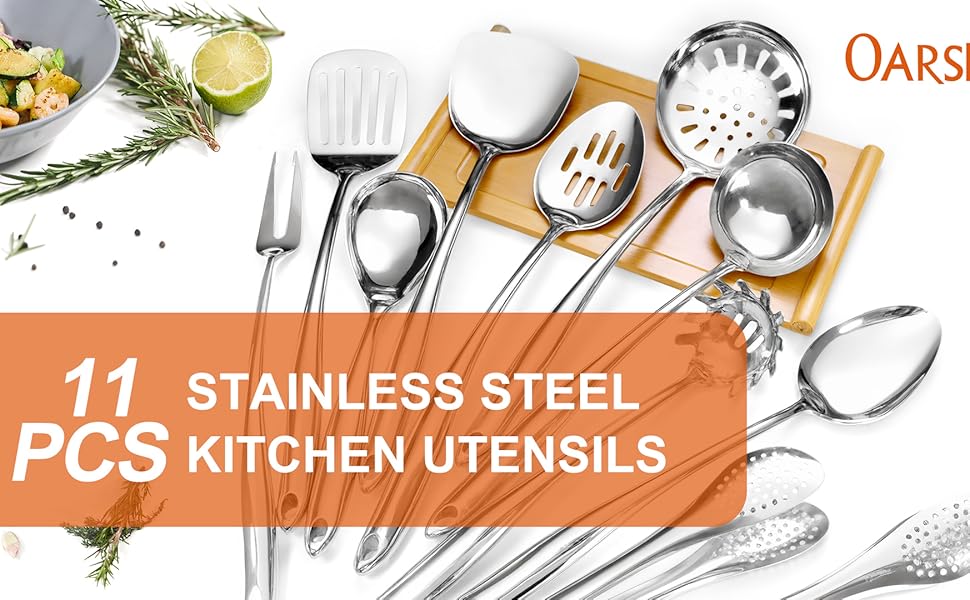 304 Stainless Steel Kitchen Utensils Set,11 Pcs Stainless Steel Cooking Utensils Set, Long Metal Cooking Utensil Gadgets Tools Set with Spatula, Spoon,Skimmer,Tongs etc (Dishwasher Safe)