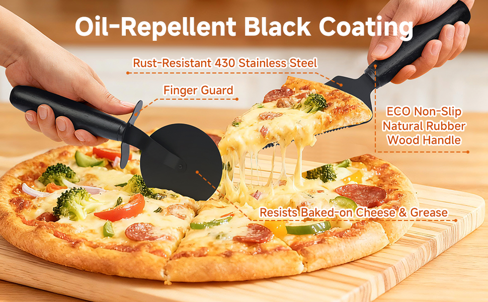 Pizza Cutter and Server Set - 9.25 Inch Sharp Stainless Steel Blade (430) with Finger Guard & Non-Slip Handle - Dishwasher Safe Pizza Slicer for Crusts and Pies