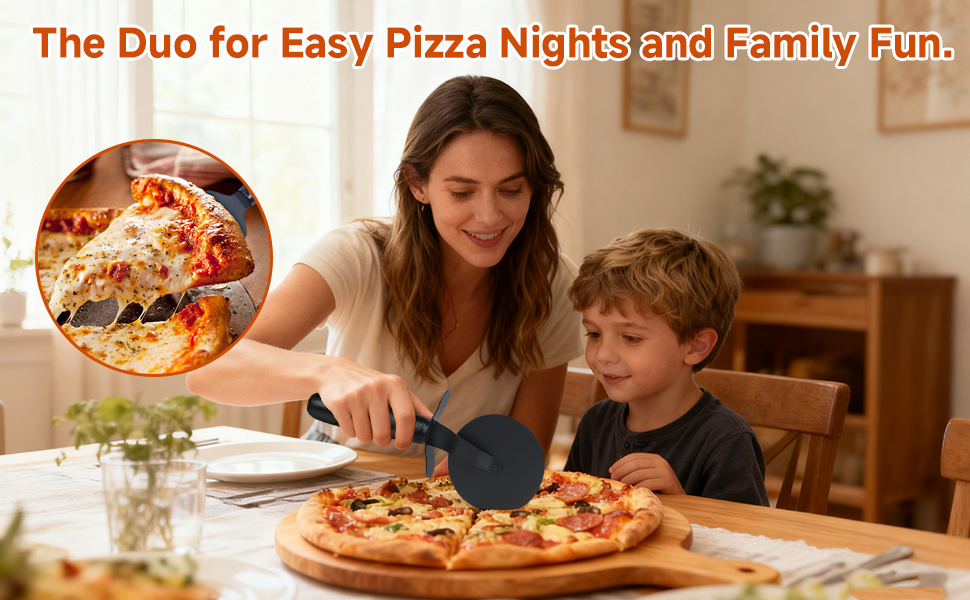 Pizza Cutter and Server Set - 9.25 Inch Sharp Stainless Steel Blade (430) with Finger Guard & Non-Slip Handle - Dishwasher Safe Pizza Slicer for Crusts and Pies