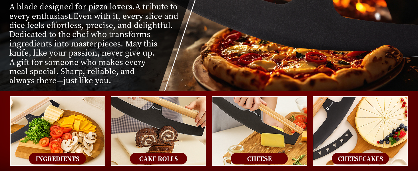 16-Inch Pizza Cutter Rocker Blade, Food Grade Stainless Steel Slicing Knife & Sharp, Rust-Proof, Stylish Rubberwood Wood Handle, Protective Cover - Professional Pizza Oven Accessories, Black