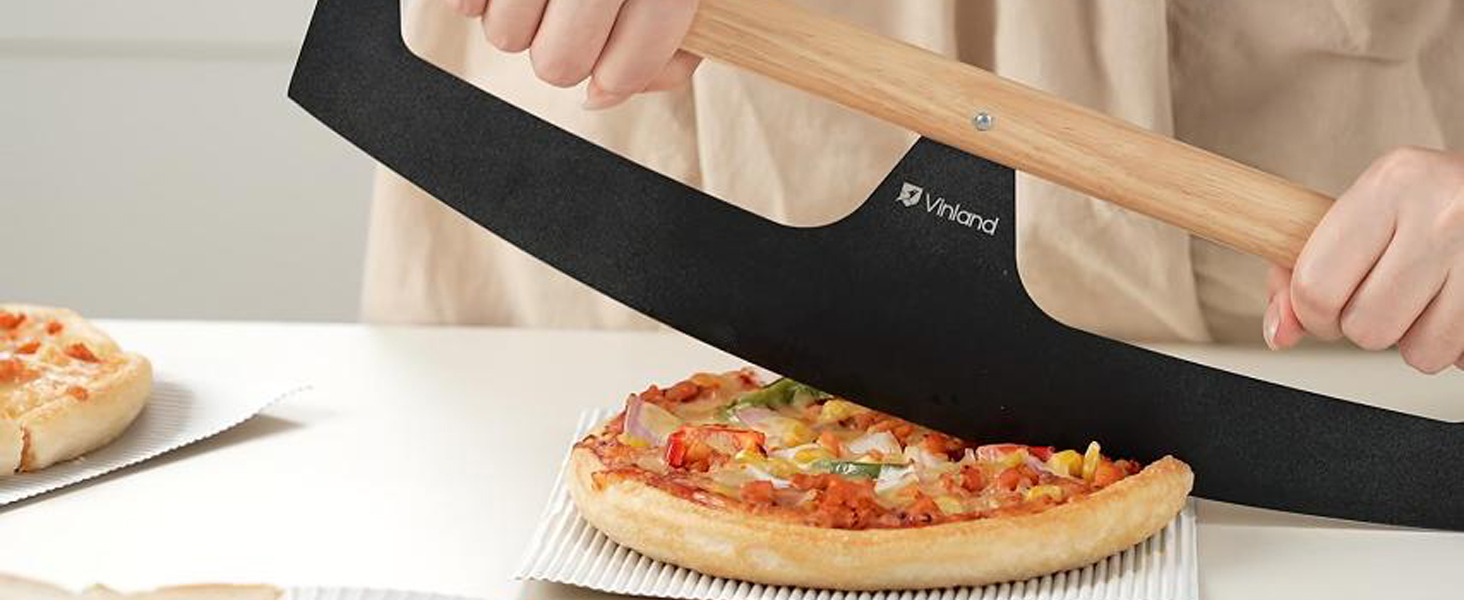 16-Inch Pizza Cutter Rocker Blade, Food Grade Stainless Steel Slicing Knife & Sharp, Rust-Proof, Stylish Rubberwood Wood Handle, Protective Cover - Professional Pizza Oven Accessories, Black