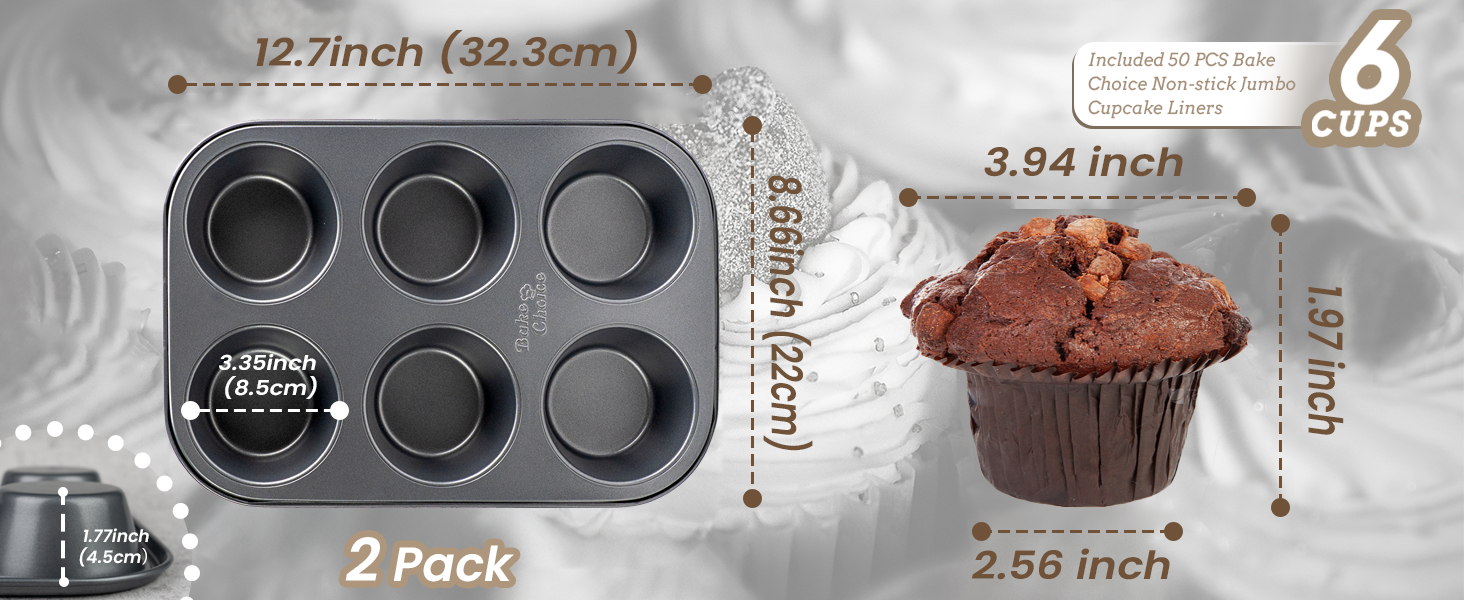 2 Pack Jumbo Muffin Pan for Baking, Extra Large Cupcake Pan includes 50 Natural Jumbo Cupcake Liners, Muffin Tin Nonstick 6 Cup, Baking Pans Set, Carbon Steel Baking Supplies