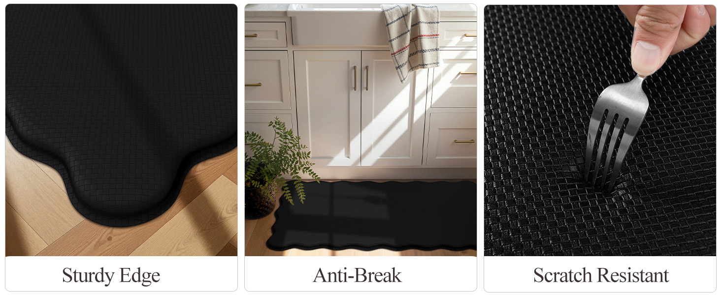 KIMODE Scalloped Kitchen Mats for Floor Cushioned Anti Fatigue,Wavy Kitchen Sink Rugs Sets of 2 Non Slip,Comfort Memory Foam Kitchen Floor Mat Carpet for Office Laundry,Black