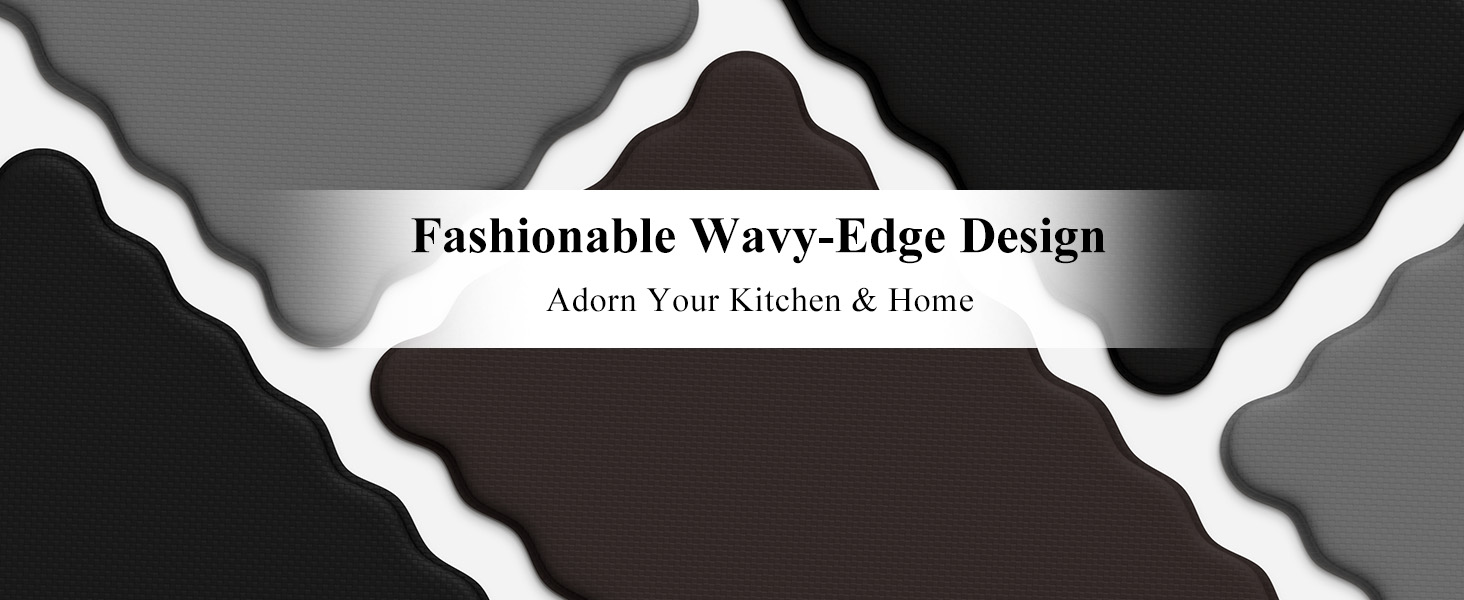 KIMODE Scalloped Kitchen Mats for Floor Cushioned Anti Fatigue,Wavy Kitchen Sink Rugs Sets of 2 Non Slip,Comfort Memory Foam Kitchen Floor Mat Carpet for Office Laundry,Black