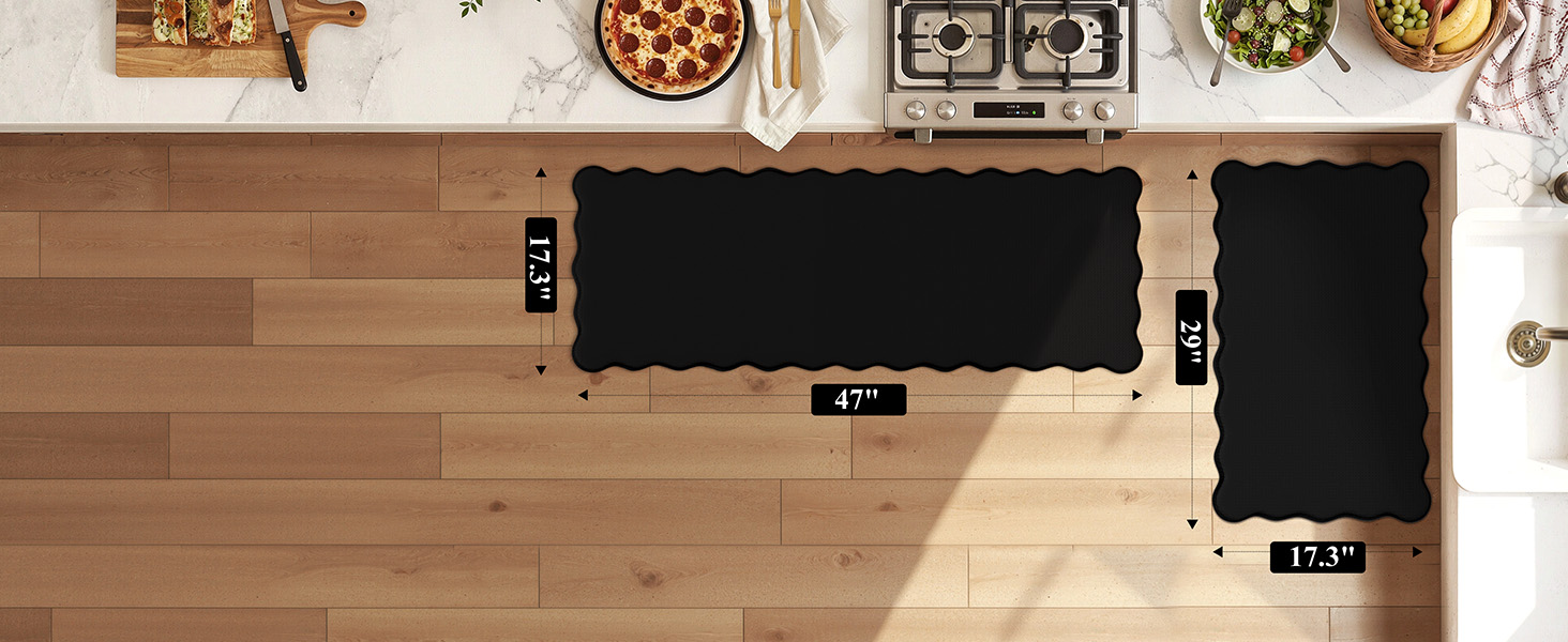 KIMODE Scalloped Kitchen Mats for Floor Cushioned Anti Fatigue,Wavy Kitchen Sink Rugs Sets of 2 Non Slip,Comfort Memory Foam Kitchen Floor Mat Carpet for Office Laundry,Black