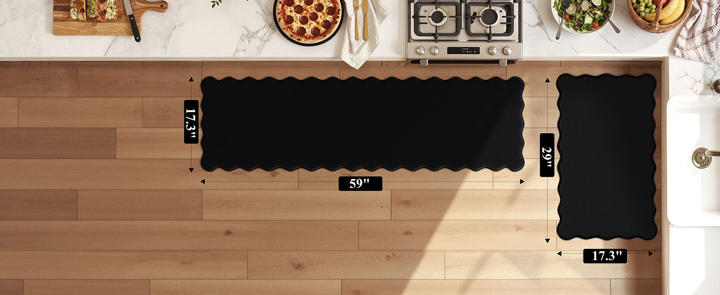 KIMODE Scalloped Kitchen Mats for Floor Cushioned Anti Fatigue,Wavy Kitchen Sink Rugs Sets of 2 Non Slip,Comfort Memory Foam Kitchen Floor Mat Carpet for Office Laundry,Black