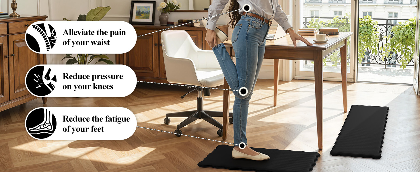 KIMODE Scalloped Kitchen Mats for Floor Cushioned Anti Fatigue,Wavy Kitchen Sink Rugs Sets of 2 Non Slip,Comfort Memory Foam Kitchen Floor Mat Carpet for Office Laundry,Black