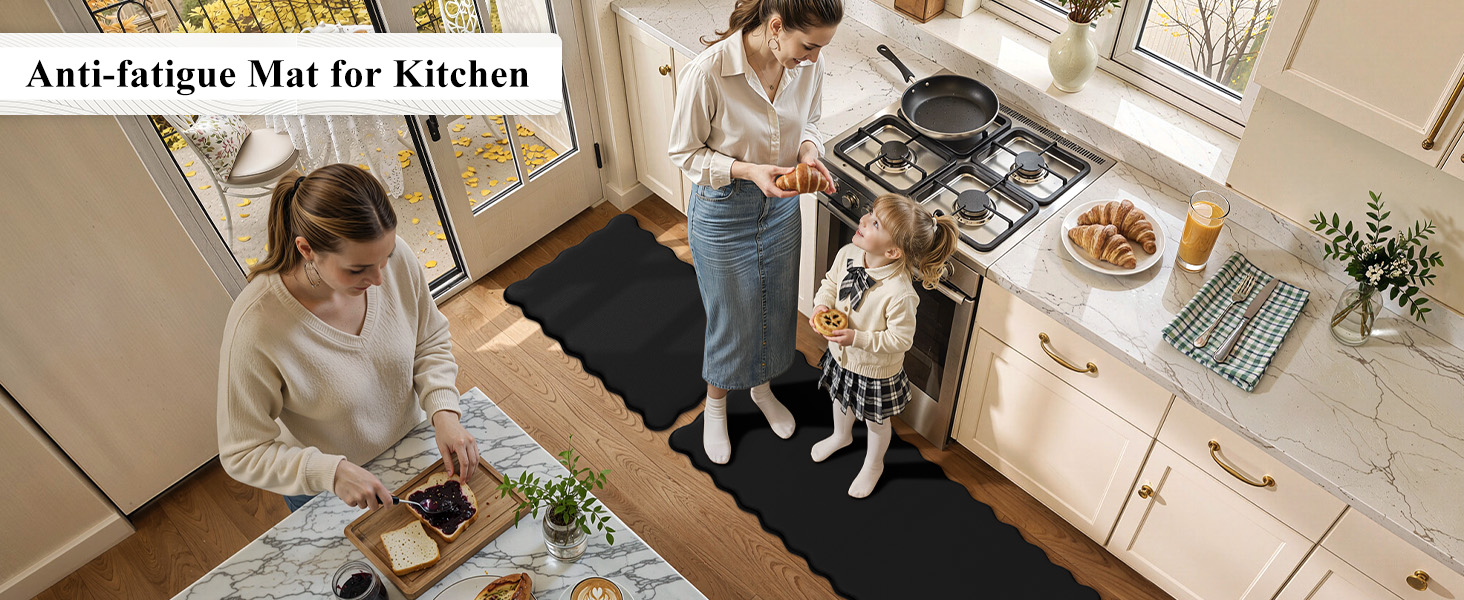 KIMODE Scalloped Kitchen Mats for Floor Cushioned Anti Fatigue,Wavy Kitchen Sink Rugs Sets of 2 Non Slip,Comfort Memory Foam Kitchen Floor Mat Carpet for Office Laundry,Black