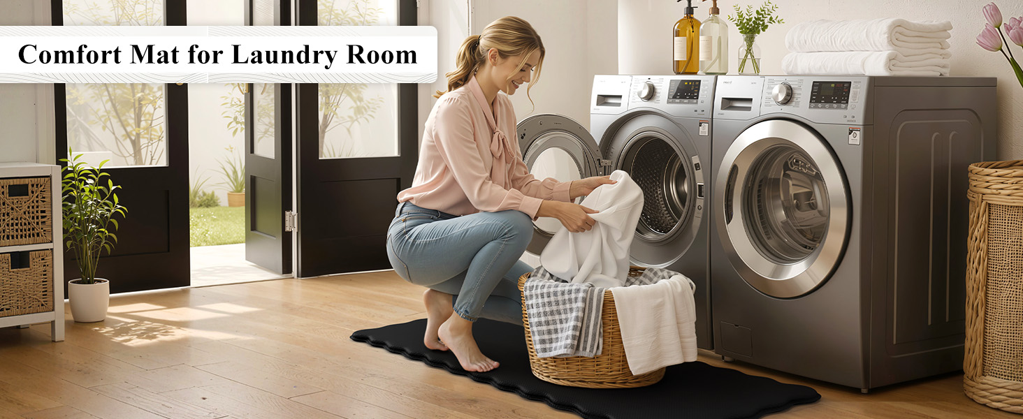 KIMODE Scalloped Kitchen Mats for Floor Cushioned Anti Fatigue,Wavy Kitchen Sink Rugs Sets of 2 Non Slip,Comfort Memory Foam Kitchen Floor Mat Carpet for Office Laundry,Black