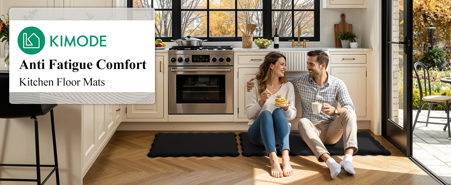 KIMODE Scalloped Kitchen Mats for Floor Cushioned Anti Fatigue,Wavy Kitchen Sink Rugs Sets of 2 Non Slip,Comfort Memory Foam Kitchen Floor Mat Carpet for Office Laundry,Black