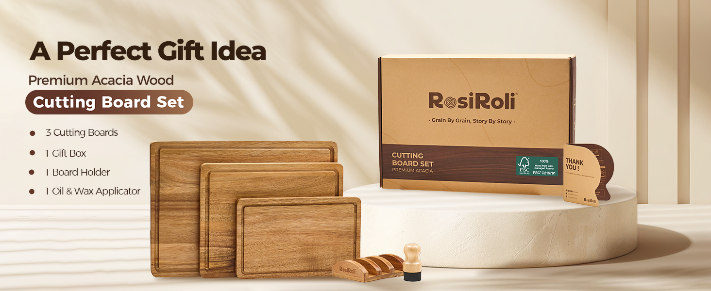 Acacia Wood Cutting Board for Kitchen, Set of 3 - Durable 1" Thick Chopping Boards with Juice Grooves & Handles for Prep & Serving, Impressive Gift for Housewarming, Christmas, and Home Chefs