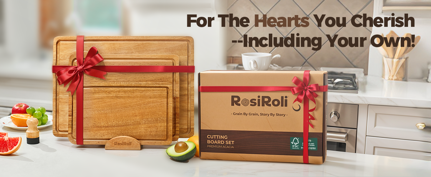 Acacia Wood Cutting Board for Kitchen, Set of 3 - Durable 1" Thick Chopping Boards with Juice Grooves & Handles for Prep & Serving, Impressive Gift for Housewarming, Christmas, and Home Chefs