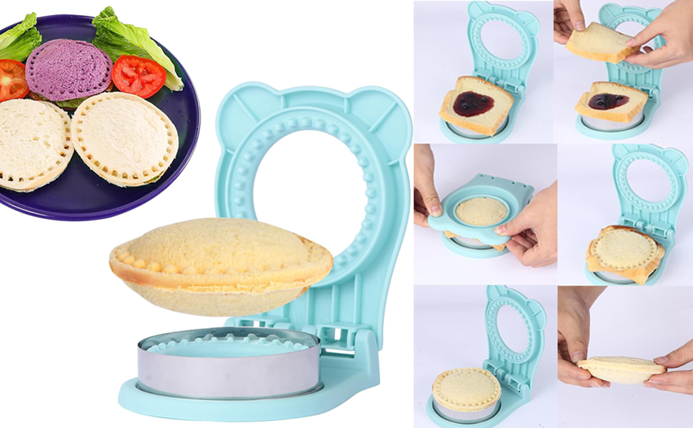 Sandwich Cutter and Sealer, Stainless Steel Uncrustable Sandwich Maker with Crimper，Round Circle Shape for Peanut Butter Jelly, Pancake, Cookie，Crustless Bread Sealer for Kids Lunchboxes (Light Blue)