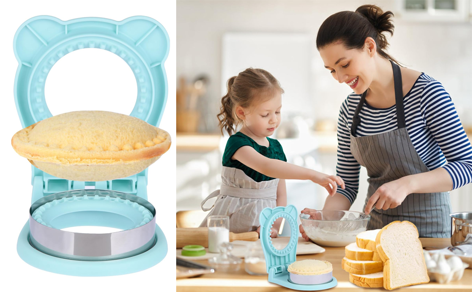 Sandwich Cutter and Sealer, Stainless Steel Uncrustable Sandwich Maker with Crimper，Round Circle Shape for Peanut Butter Jelly, Pancake, Cookie，Crustless Bread Sealer for Kids Lunchboxes (Light Blue)