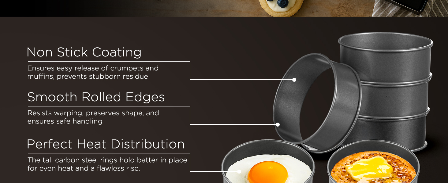 Wrenbury Crumpet Rings Nonstick 3.5 inch - English Muffin Rings - Set of 6 Food Ring Molds for Cooking – Metal Baking Egg Ring Set - Made in England