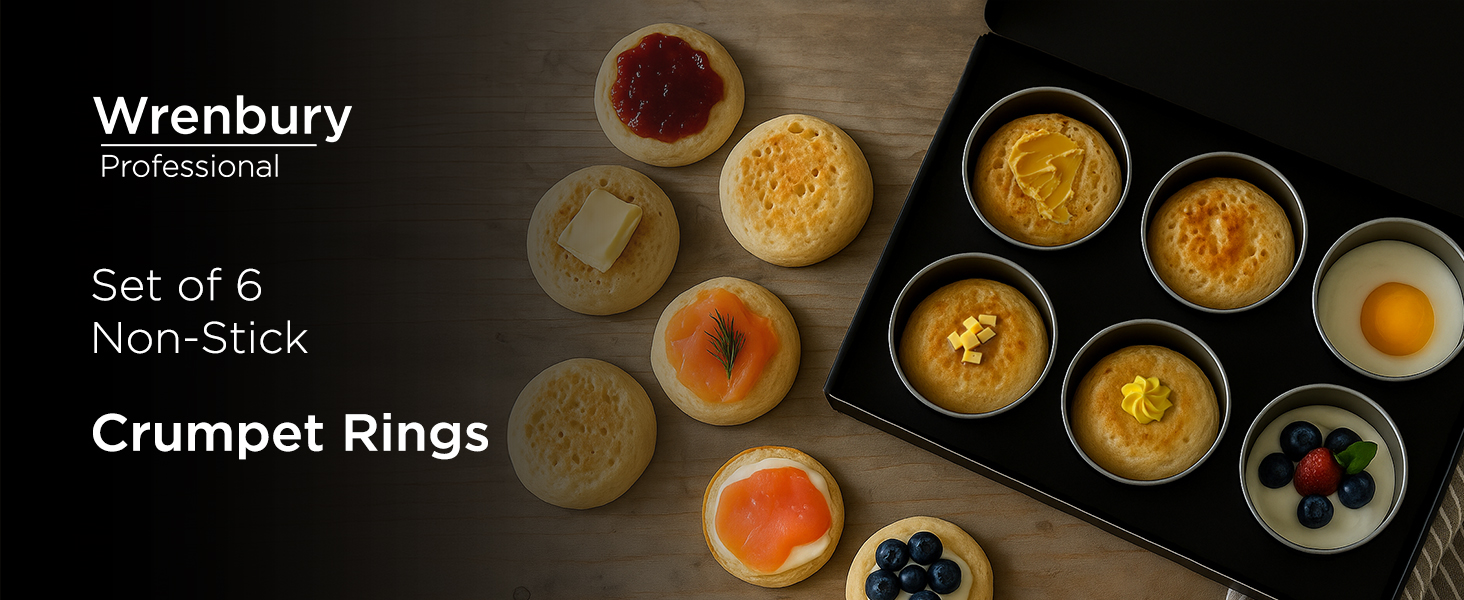 Wrenbury Crumpet Rings Nonstick 3.5 inch - English Muffin Rings - Set of 6 Food Ring Molds for Cooking – Metal Baking Egg Ring Set - Made in England