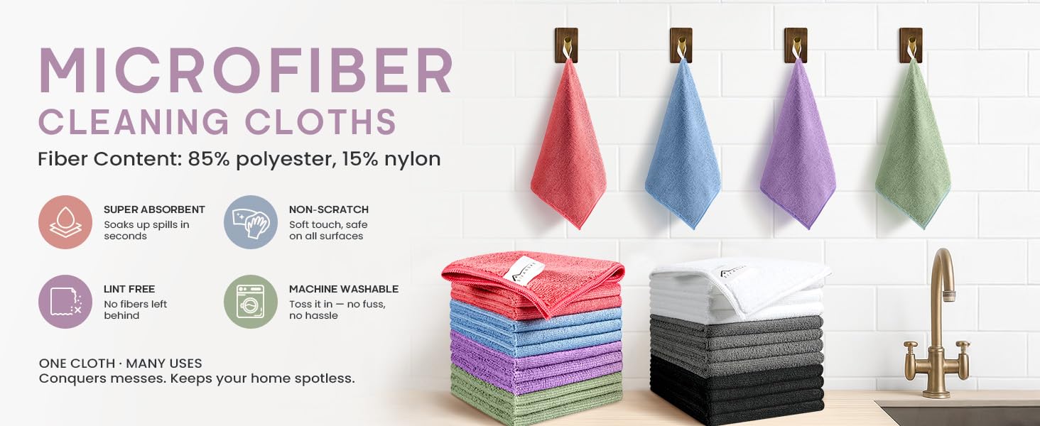 Microfiber Cleaning Cloth, 12 Pack Assorted Color Cleaning Rags for Housekeeping, Colorful Reusable Microfiber Towels for Car, Kitchen, Bathroom and Household Cleaning Supplies, 11.8