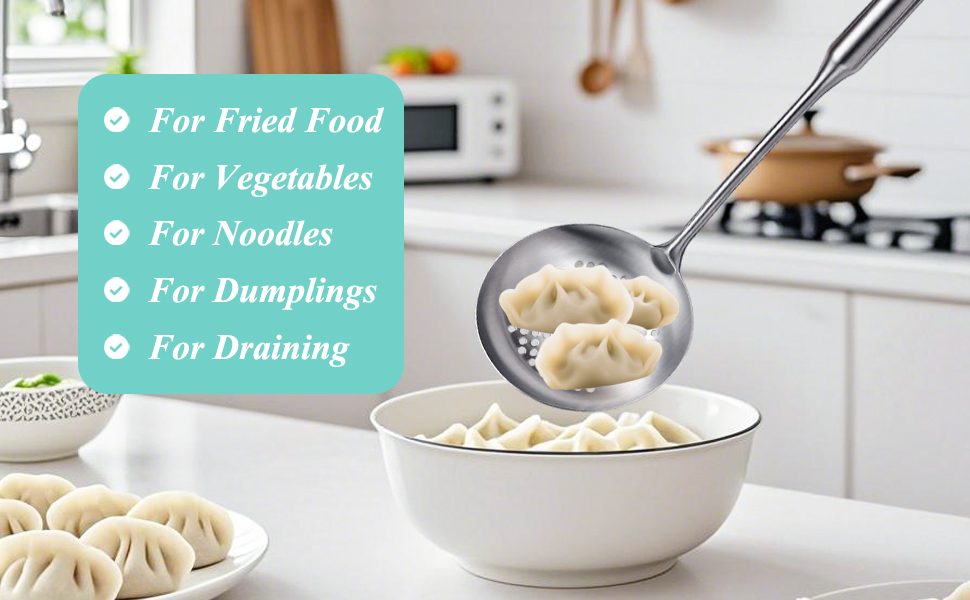 Slotted Spoon, Stainless Steel Strainer Metal Skimmer Spoon for Cooking, Long Handle Food Strainer, Kitchen Utensil Large Fryer Scoop with Holes for Draining Stirring Serving Frying