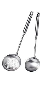 Slotted Spoon, Stainless Steel Strainer Metal Skimmer Spoon for Cooking, Long Handle Food Strainer, Kitchen Utensil Large Fryer Scoop with Holes for Draining Stirring Serving Frying