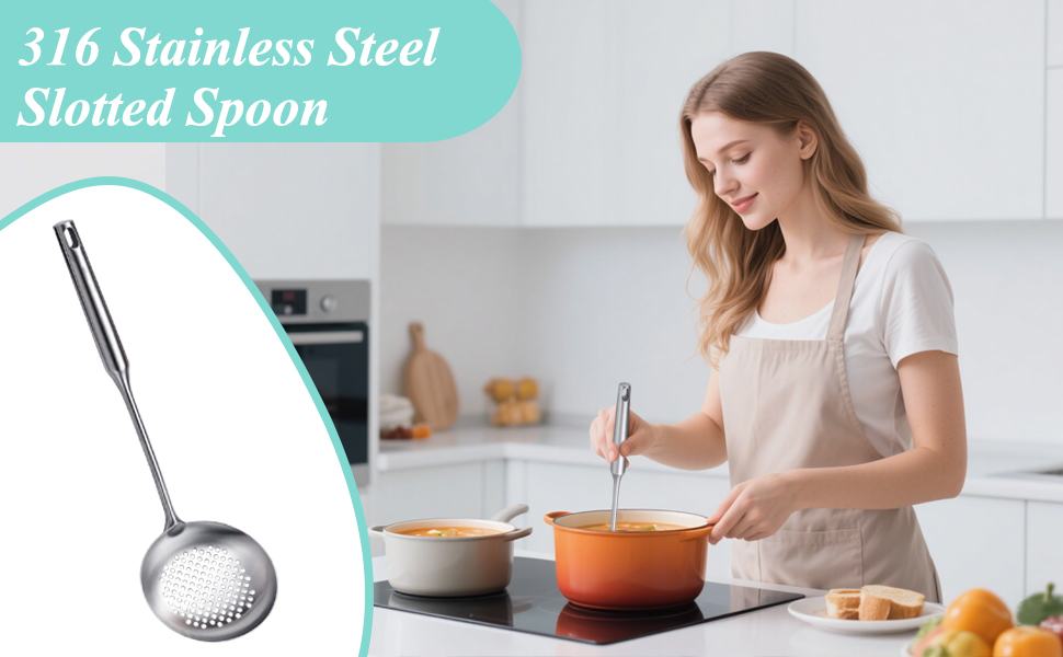 Slotted Spoon, Stainless Steel Strainer Metal Skimmer Spoon for Cooking, Long Handle Food Strainer, Kitchen Utensil Large Fryer Scoop with Holes for Draining Stirring Serving Frying