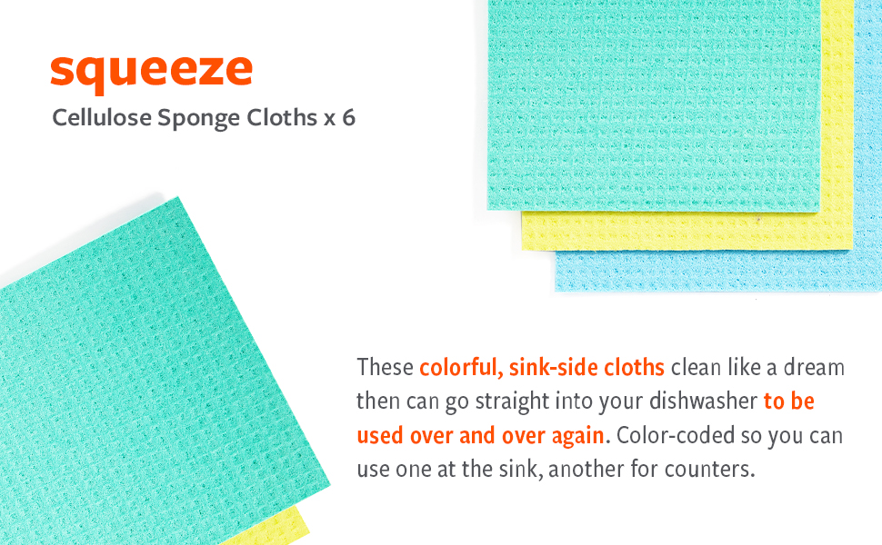 Full Circle Squeeze Swedish Dish Cloths – 6 Pack Reusable Cellulose Sponge Cloths, Super Absorbent Microfiber Cleaning Towels, Paper Towel Alternative, Color-Coded, Eco-Friendly, & Dishwasher Safe