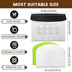 SCHVUBENR Dough Scraper Set with 2 Flexible Bowl Scrapers - Stainless Steel Dough Cutter & Bench Scraper with Measuring Scale - Versatile Kitchen Scraper for Bread, Pastry, Pizza, Cake - Black & Green