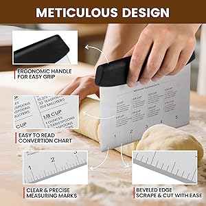 SCHVUBENR Dough Scraper Set with 2 Flexible Bowl Scrapers - Stainless Steel Dough Cutter & Bench Scraper with Measuring Scale - Versatile Kitchen Scraper for Bread, Pastry, Pizza, Cake - Black & Green