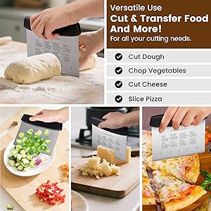 SCHVUBENR Dough Scraper Set with 2 Flexible Bowl Scrapers - Stainless Steel Dough Cutter & Bench Scraper with Measuring Scale - Versatile Kitchen Scraper for Bread, Pastry, Pizza, Cake - Black & Green