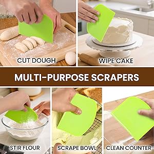 SCHVUBENR Dough Scraper Set with 2 Flexible Bowl Scrapers - Stainless Steel Dough Cutter & Bench Scraper with Measuring Scale - Versatile Kitchen Scraper for Bread, Pastry, Pizza, Cake - Black & Green