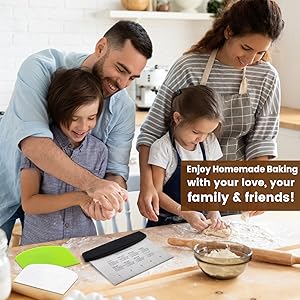 SCHVUBENR Dough Scraper Set with 2 Flexible Bowl Scrapers - Stainless Steel Dough Cutter & Bench Scraper with Measuring Scale - Versatile Kitchen Scraper for Bread, Pastry, Pizza, Cake - Black & Green