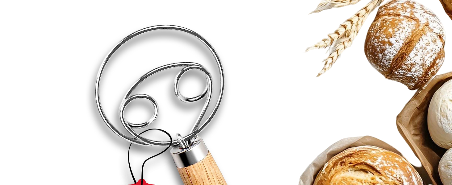 Danish Dough Whisk for sourdough 13 Inch - 304 Stainless Steel Hook with Long Wooden Handle – Essential bread whisk, artisan mixing & bread making