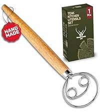 Danish Dough Whisk for sourdough 13 Inch - 304 Stainless Steel Hook with Long Wooden Handle – Essential bread whisk, artisan mixing & bread making