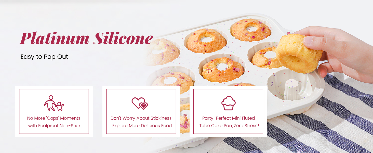 SJ Silicone Mini Fluted Tube Pan with Metal Reinforced Frame, Non-Stick (2PCS), moldes de silicona para gelatina, Small Cake Baking Pan for para chocoflan, Donuts, Cornbread, Brownies, Jellies