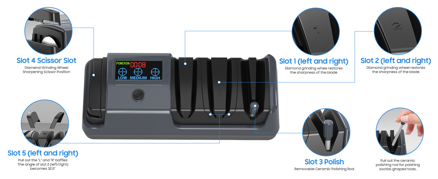 5-in-1 Electric Knife Sharpener for Kitchen Knives, with 100% Diamond Abrasives, 3 Adjustable Speeds, Quickly Sharpening for Straight/Serrated/Kitchen Knives, Scissors