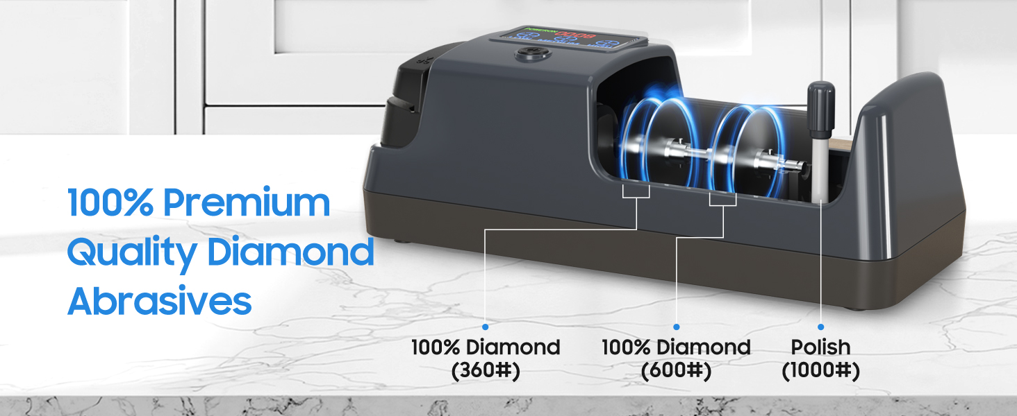 5-in-1 Electric Knife Sharpener for Kitchen Knives, with 100% Diamond Abrasives, 3 Adjustable Speeds, Quickly Sharpening for Straight/Serrated/Kitchen Knives, Scissors