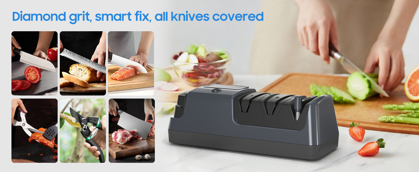 5-in-1 Electric Knife Sharpener for Kitchen Knives, with 100% Diamond Abrasives, 3 Adjustable Speeds, Quickly Sharpening for Straight/Serrated/Kitchen Knives, Scissors