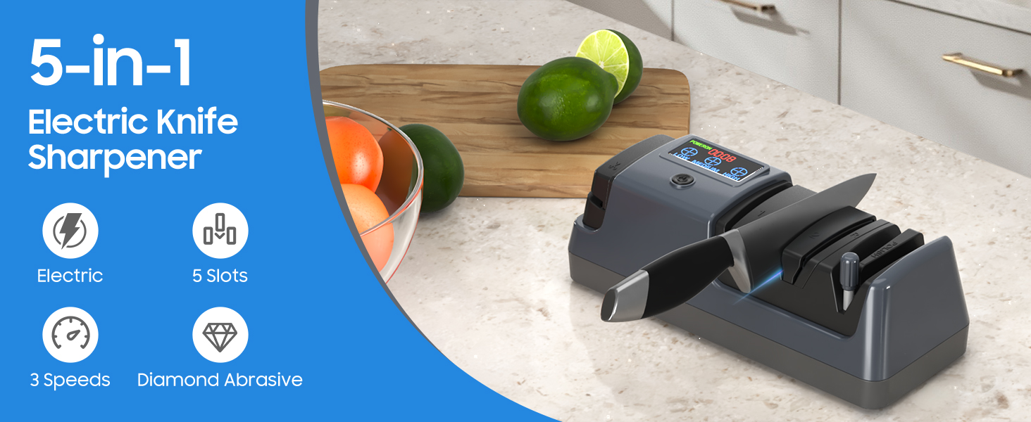 5-in-1 Electric Knife Sharpener for Kitchen Knives, with 100% Diamond Abrasives, 3 Adjustable Speeds, Quickly Sharpening for Straight/Serrated/Kitchen Knives, Scissors